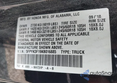 2019 Honda Ridgeline Sport z USA, uszkodzony, nr VIN 5FPYK3F19KB016885